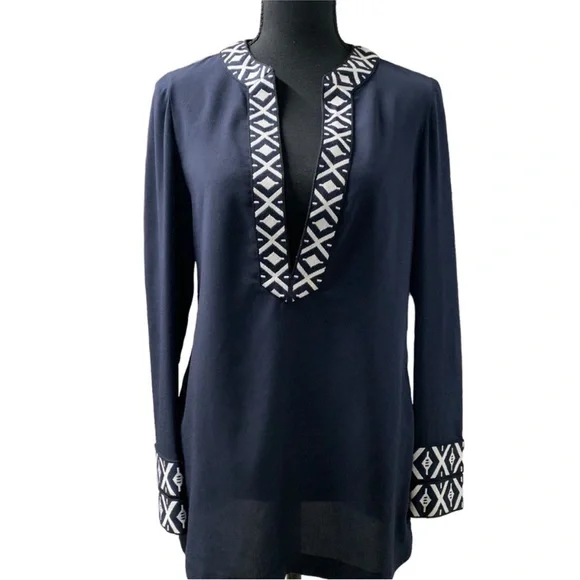 TORY BURCH NAVY EMBROIDERED TAPED TUNIC - Picture 2 of 12